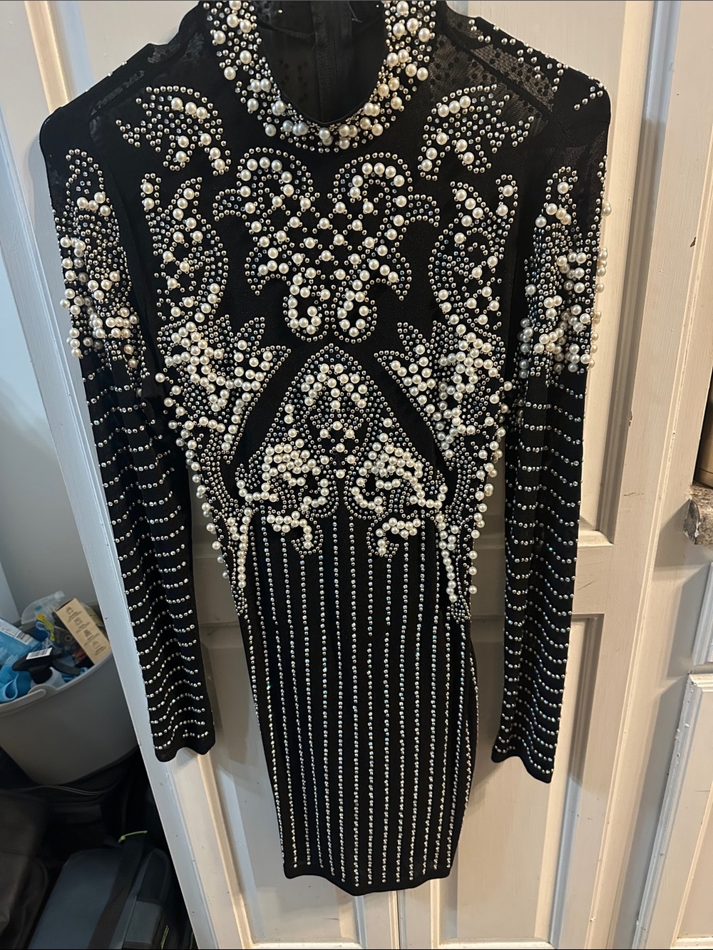 Fashion Nova Black Long-Sleeve Pearl & Crystal Embellished Dress